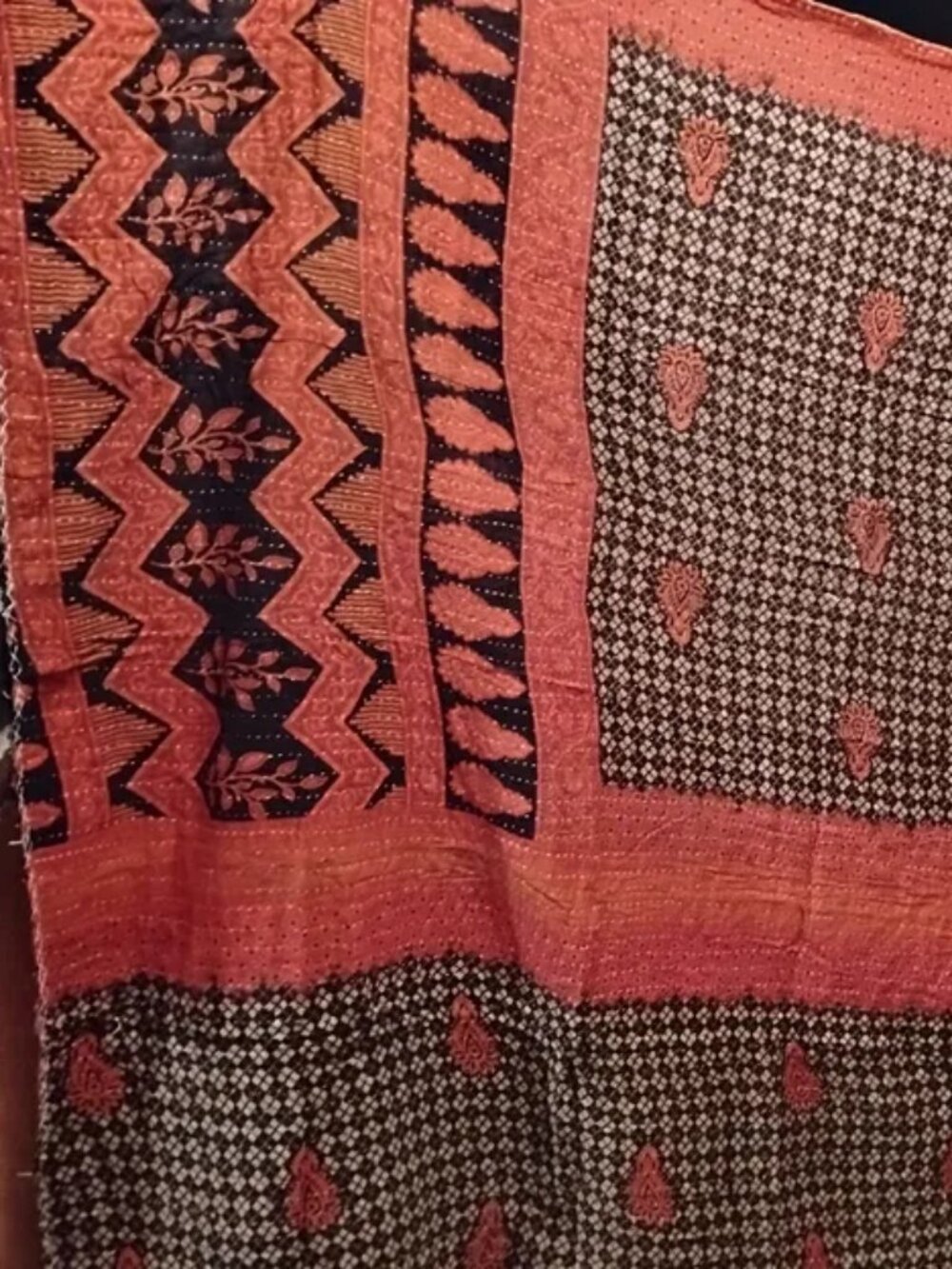 Kantha Quilt Black Red Premium 3 Layer Cotton Handmade In India New K219.